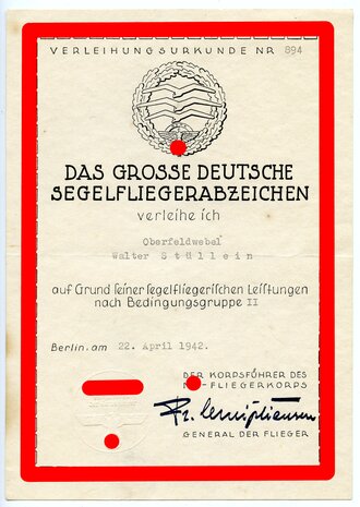 Verleihungsurkunde für " Das Grosse Deutsche Segelfliegerabzeichen"  ausgestellt 1942. DIN A5