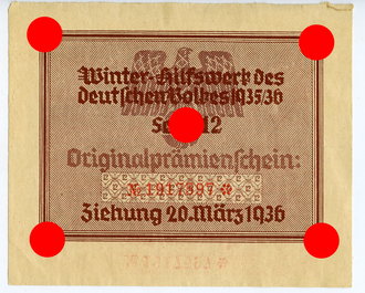 Winterhilfswerk 1935/36 Serie 12 Originalprämienschein, Ziehung 20. März 1936, Kleinformat