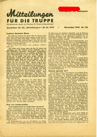 Mitteilungen für die Truppe Nr. 381, datiert November 1944, A4, links eingerissen