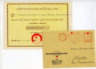 Prinzessin Luise Alfons von Bayern, Spendenbescheinigung über 50,- Reichsmark für das Winterhilfswerk Gau München Oberbayern 1939. Dazu der Umschlag