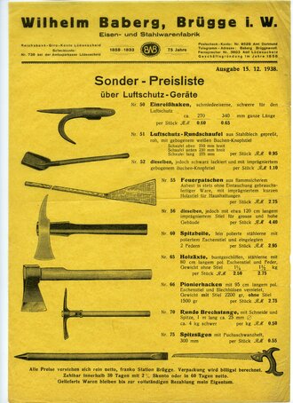 Werbeblatt "Sonder-Preisliste über Luftschutz-Geräte" - Wilhelm Baberg, Brügge i. W., DIN A4