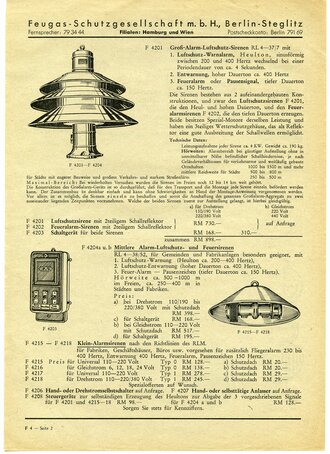 Werbeblatt Feugas-Schutzgesellschaft m.b.H. Berlin-Steglitz, "Alarm-Luftschutz-Sirenen" DIN A4