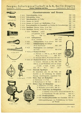 Werbeblatt Feugas-Schutzgesellschaft m.b.H. Berlin-Steglitz, "Alarm-Luftschutz-Sirenen" DIN A4