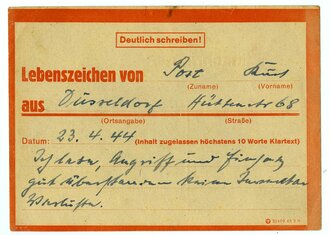 Lebenszeichenkarte aus Düsseldorf, datiert 1944, DIN A6