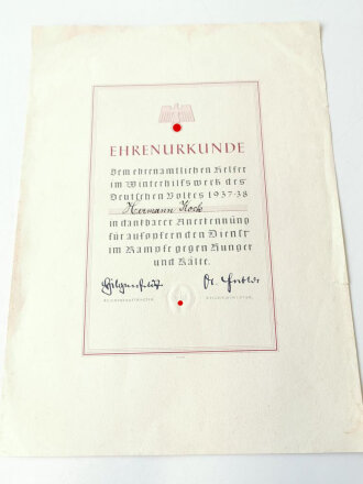 Winterhilfswerk, grossformatige Ehrenurkunde für einen ehrenamtlichen Helfer im WHW 1937-38