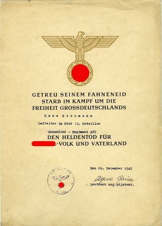 Heldentod Urkunde für einen Gefreiten im Grenadier Regiment 485, ausgestellt im Dezember 1942