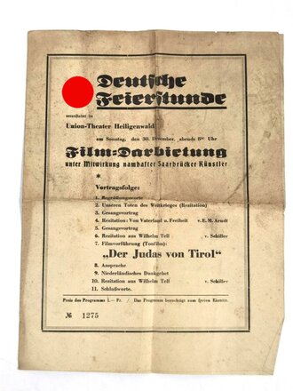 Programm "Deutsche Feierstunde", Union-Theather Heiligenwald, ohne Jahr, stark gebraucht, DIN A3