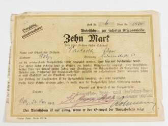 Anteilsschein zur 6. Kriegsanleihe über 10 Mark, 26.05.1917, 12 x 16,5 cm