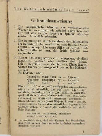 "Wehrmacht-Sprachführer Deutsch-Russisch", 48 Seiten, um 1940, 9,5 x 14 cm, gebraucht, diverse Blätter lose