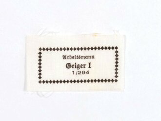 RAD, Wäscheetikett für einen Arbeitsmann, ca. 3,5 x 6 cm, Textil, neuwertig