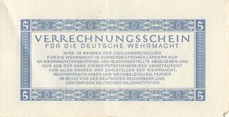 Verrechnungsschein für die deutsche Wehrmacht, 5 Reichsmark, datiert 1944