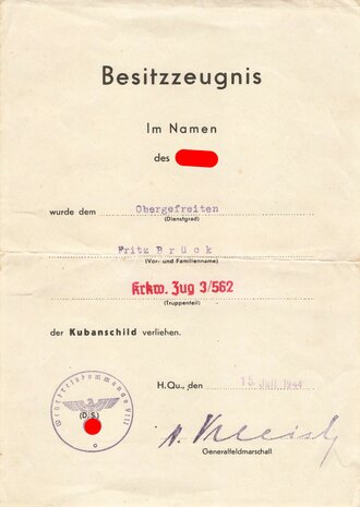 Verleihungsurkunde zum Kubanschild, ausgestellt im Juli 1944 auf einen Obergefreiten im KrKw. Zug 3/562. DIN A5