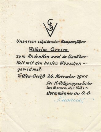 Volkssturm 1944, Widmung an den scheidenden Kompanieführer "Wilhelm Greim", Falken-Gesäß/Odenwald, 26. November 1944, DIN A4, Stockflecken