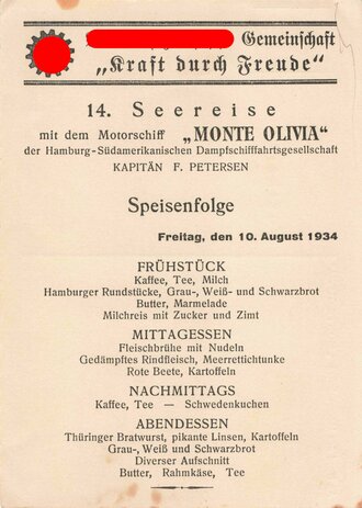 KdF, Ansichtskarte mit Speisefolge, 38. Seereise mit dem M.S. "Monte Olivia", 10. August 1934, ca. 10.5 x 15 cm, guter Zustand