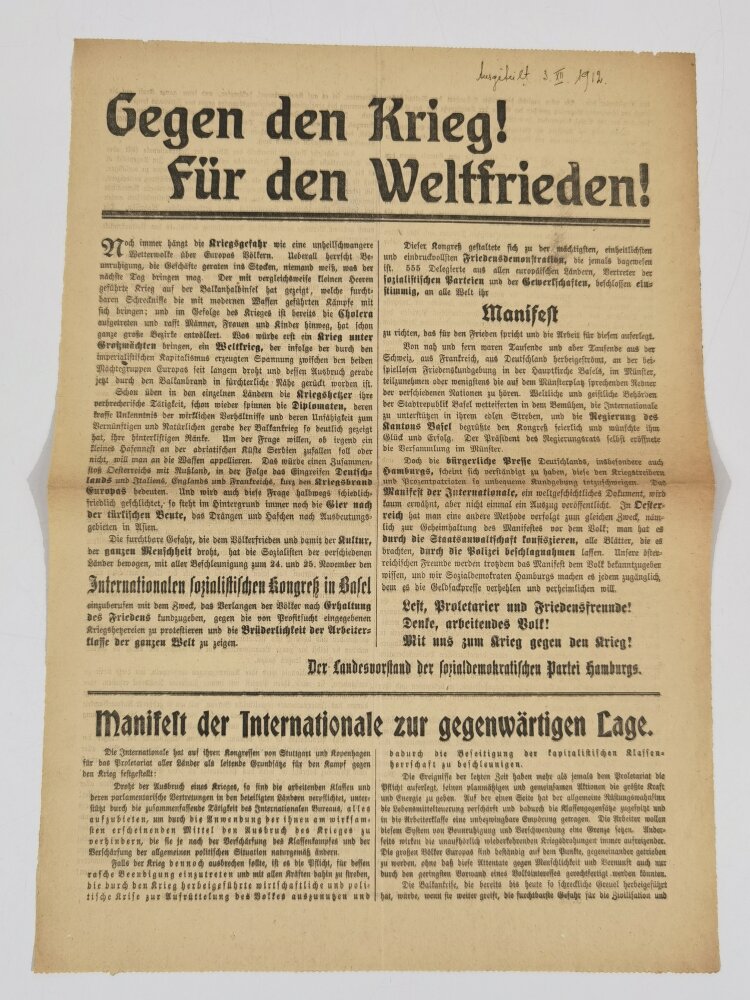 SPD Flugblatt "Gegen Den Krieg! Für Den Weltfrieden!", Hamburg 1912,