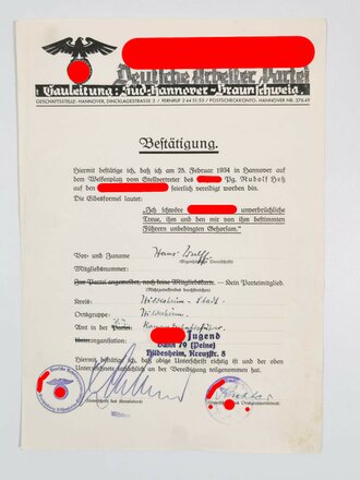 Vereidigungsurkunde für einen Angehörigen des  HJ Bann 79 (Peine), 1934, DIN A4, guter Zustand