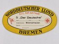 NSG KdF, Konvolut Dampfer "Der Deutsche", 2 Kofferaufkleber/Vignetten, Preisliste für Getränke und Tabakwaren sowie Ansichtskarte mit Speisefolge, 27.08.1935, ca. DIN A5, Vignetten 11,5 und 14,5 cm, sehr guter Zustand