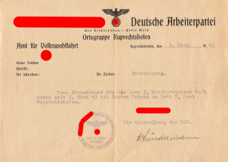 Kriegsende 1945, NSV Ortsgruppe Ruprechtshofen, Schreiben mit Briefumschlag bezüglich Wohnhaft einer Ausgebombten Frau aus Wien, NSDAP Gau Niederdonau-Melk, 5. März 1945, DIN A5,guter gebrauchter Zustand