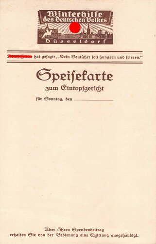 Winterhilfswerk Gau Düsseldorf "Speisekarte zum Eintopfgericht"