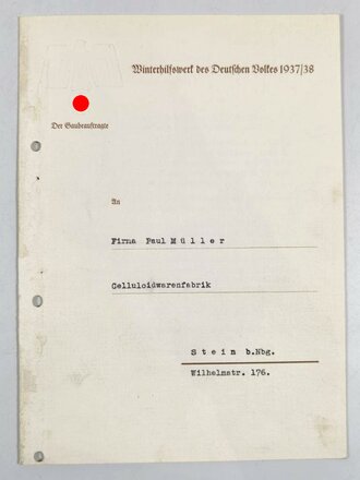 Winterhilfswerk, Spendenaufruf an eine Firma in Stein, datiert 1937/38, gelocht, über DIN A5