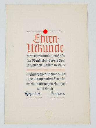 Winterhilfswerk Ehrenurkunde für einen ehrenamtlichen Helfer im Winterhilfswerk 1938-39, blanko, unter DIN A3, fleckig,